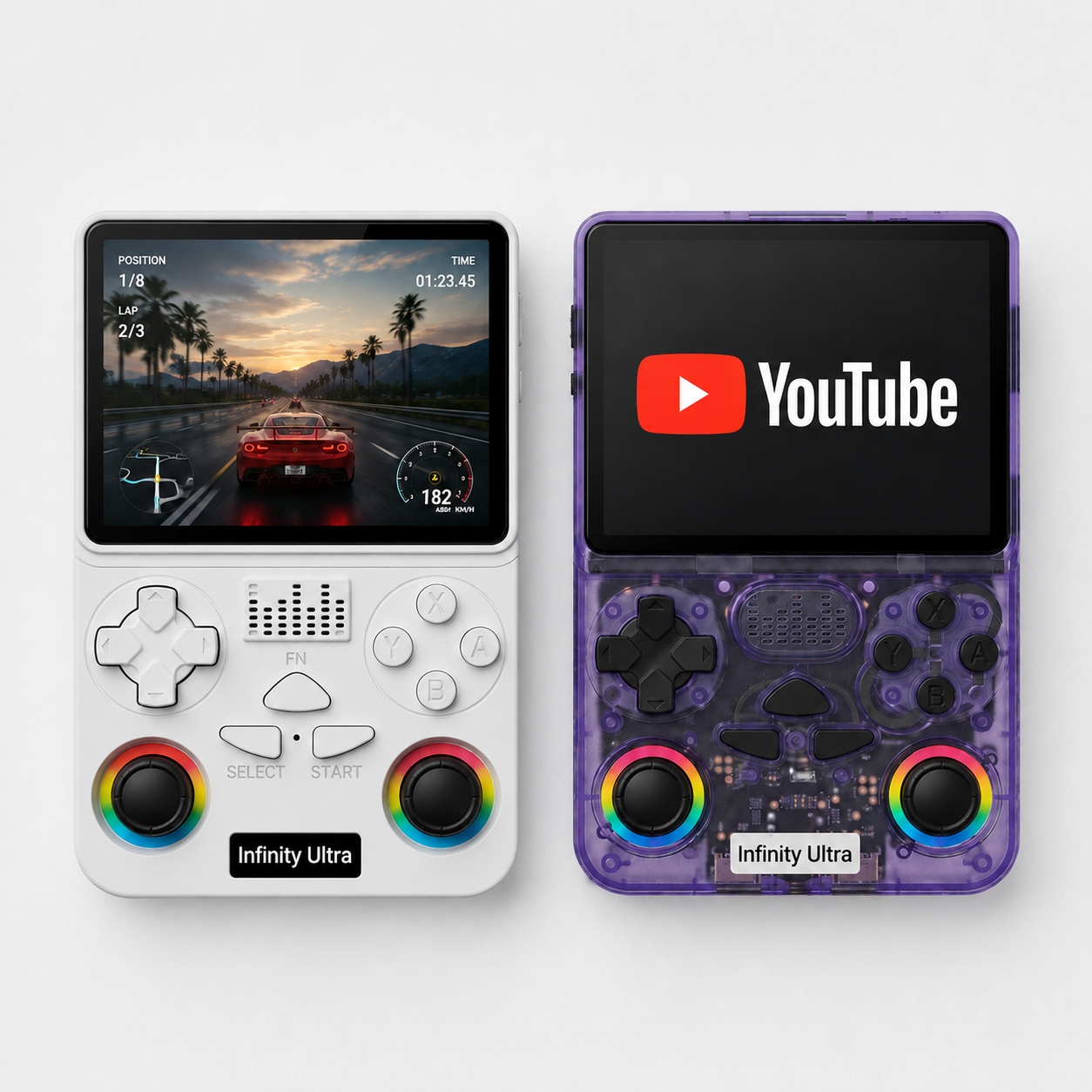 Infinity Ultra handheld gaming console in white and transparent purple with gaming and YouTube display